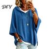 Casual Hooded Sweater Autumn Women Knit Pullover Sweater, Loose Fit Drawstring 3/4 Sleeve Drop Shoulder Solid Color Winter