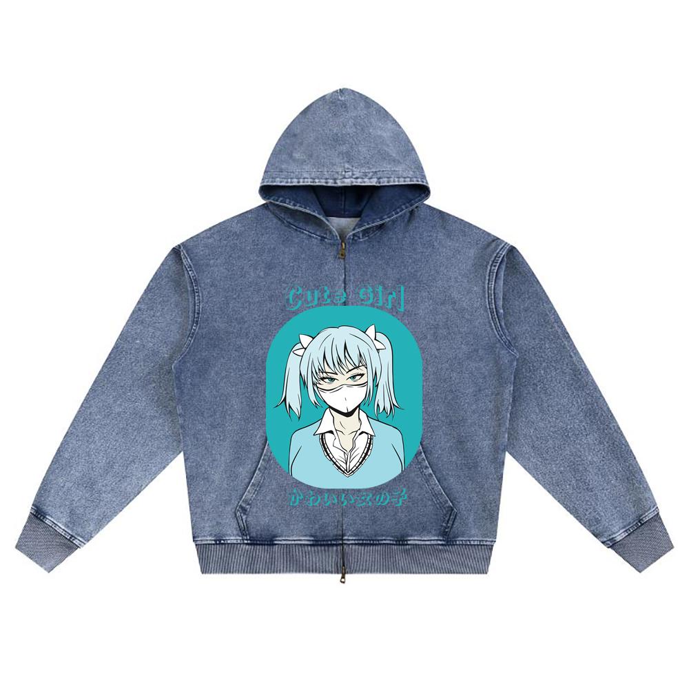DTG Print Knitted Denim Zip-Up Hoodie Anime Streetwear 25 Brother Print Zipper Hoodies  