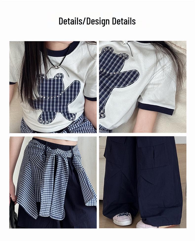 Korean Style Girls' Cartoon T-shirt & Cargo Plaid Bloomers Set - Trendy Summer Outfit