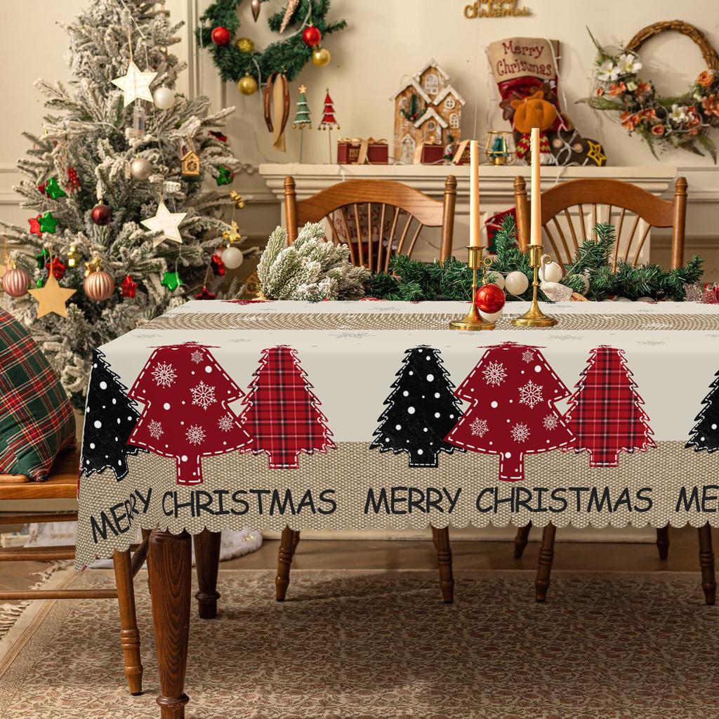 1 Piece Of Christmas Round And Rectangular Tablecloths Available In Various Sizes, Rural Farmhouse Christmas Tree And Exquisite Decorations Printed Pa