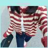 Knit Cardigan For Women With Ice Silk Fabric And Red Stripes For Fall Casual Style