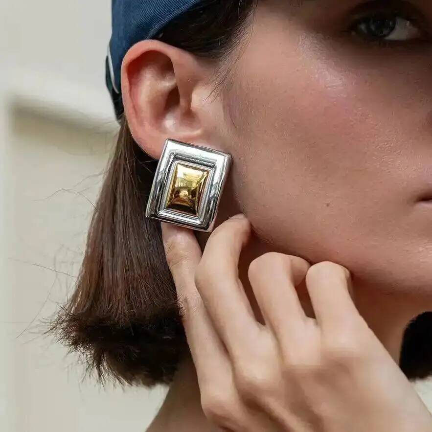 IngeSight.Z Temperament Retro Stainless Steel Square Stud Earrings for Women Luxury 18K Gold Plated Waterproof Earring Jewelry