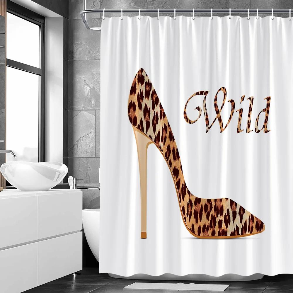 Sexy Woman White Shower Curtains Highland Cow Palm Leaf Ink Flower Bird Polyester Fabric Washable Bathroom Decor Bath Curtain