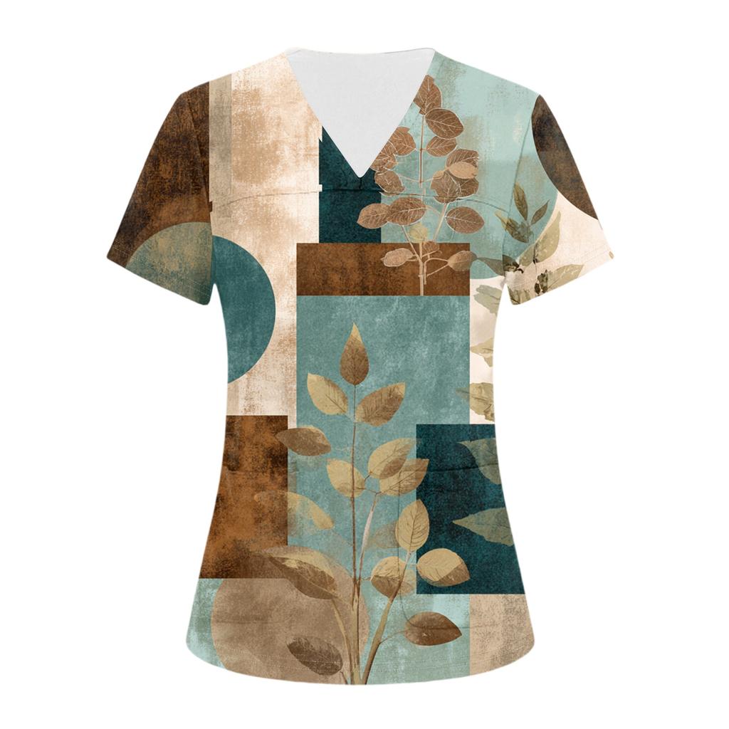 Damen V-Ausschnitt Drei-Taschen Kurzarm Retro-Print Uniform/Pflegekraft Oberteil Mit Schlitzen Am Saum