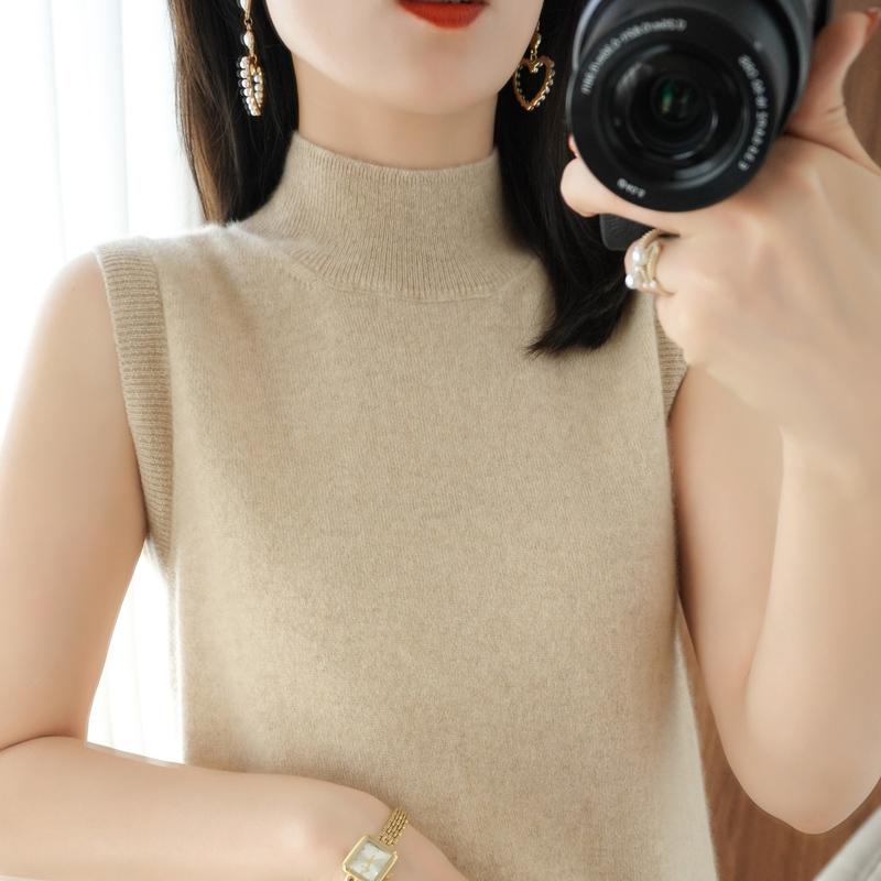 Frauen Tank MODERNE NEUE SAGA Sommer Gestrickte T-shirt Ärmellose Basic Tees Stricken Top Rollkragen Weibliche