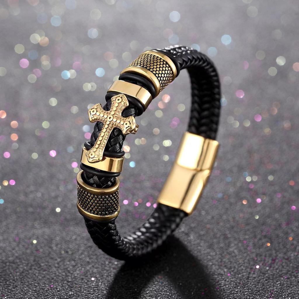 Herren geflochtenes Lederarmband mit eingelegten Diamanten - Trendiges Kreuzdesign, Unisex, Hip-Hop-Stil, vielseitiger Schmuck