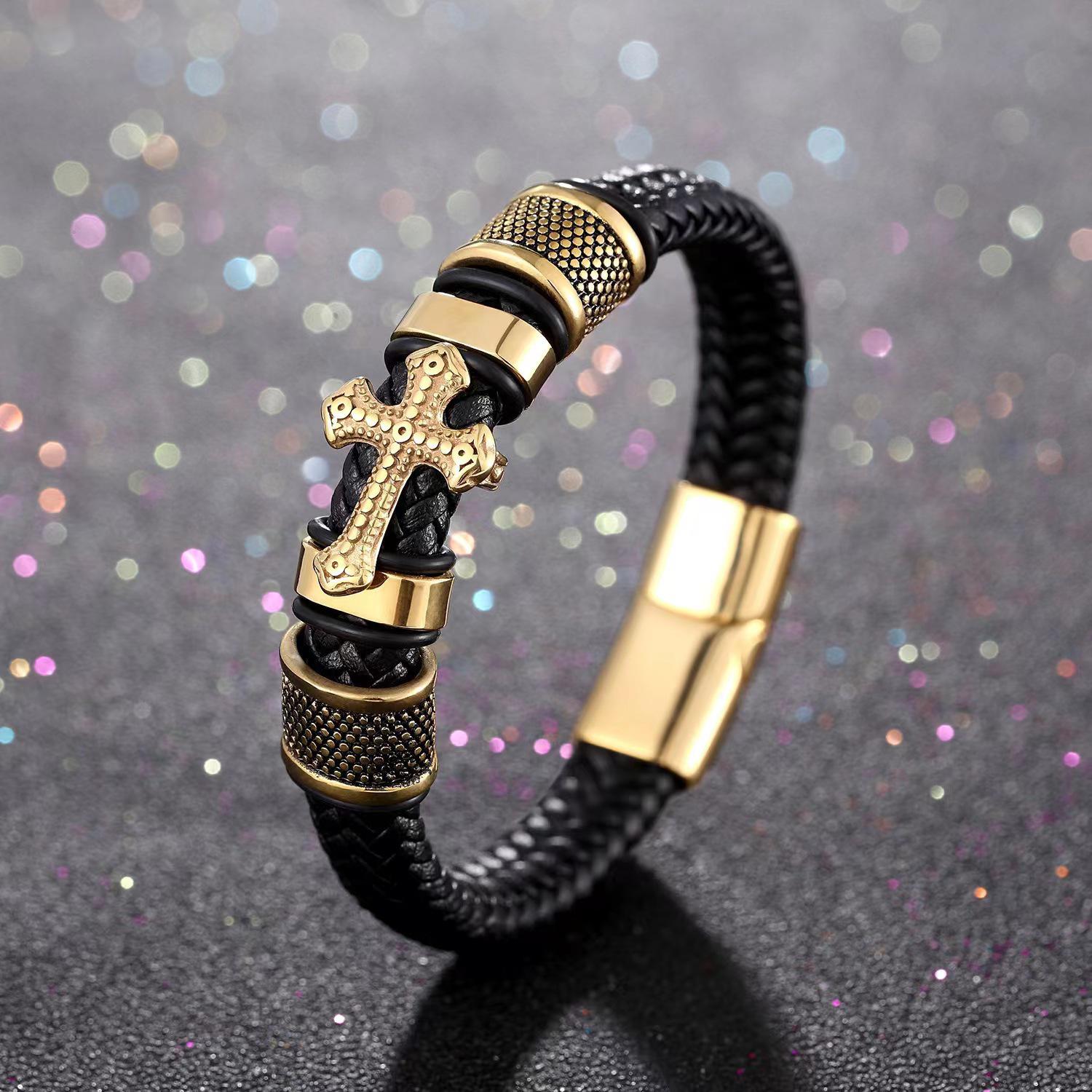 

Men s Braided Leather Bracelet with Inlaid Diamonds - Trendy Cross Design, Unisex, Hip Hop Style, Versatile Jewelry