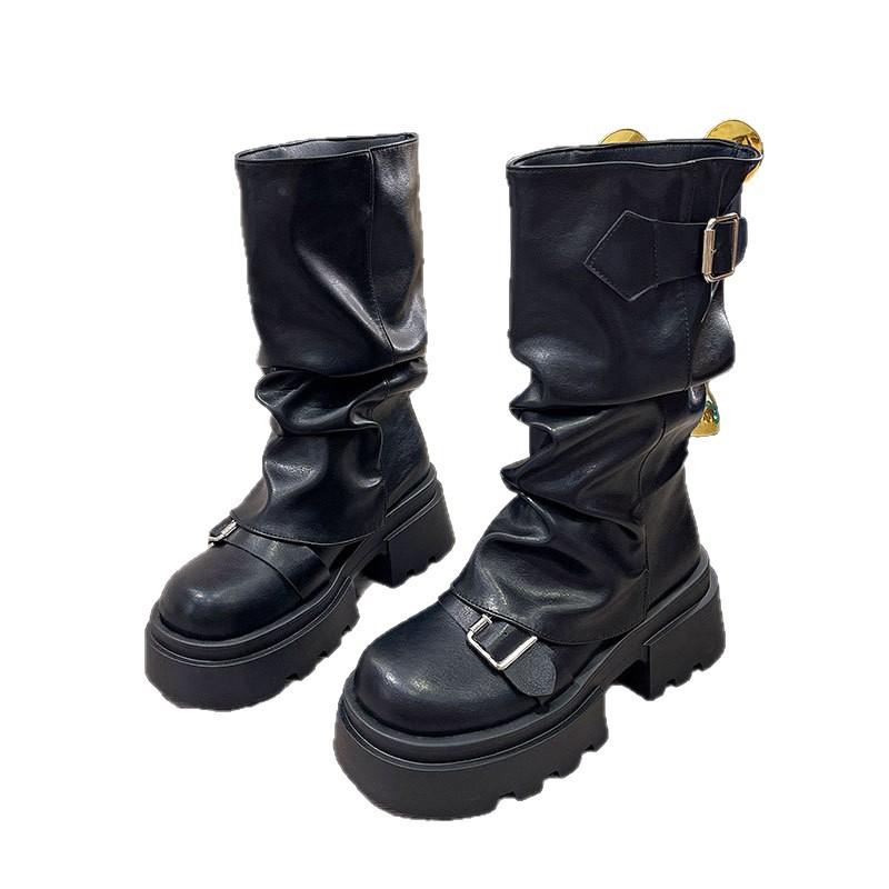 Casual thick-soled heightening Martin boots women's 2025 new spring and autumn retro Maillard stacking boots medium tube boots