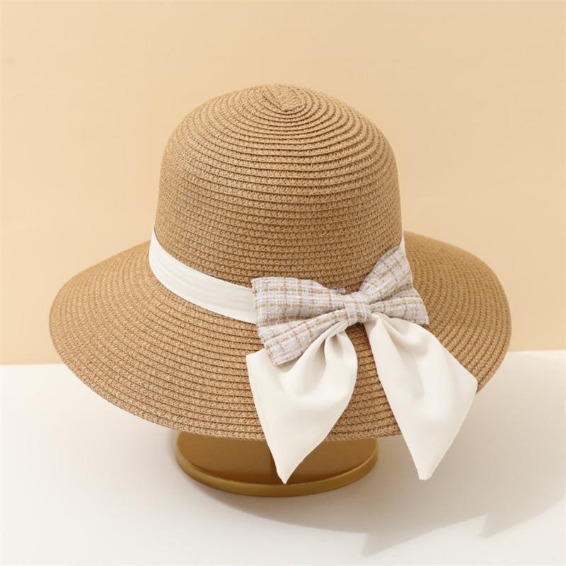 Straw Hat Women's Summer Plaid Beach Hat Sunscreen Vacation Visor Bow Bucket Hat Sun Hats Basin Hats