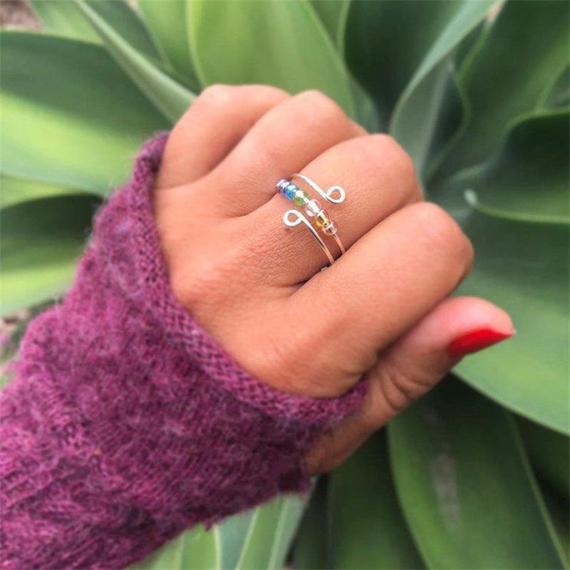 Fashion Rainbow Beads Women Decompression Ring Rotatable Anti