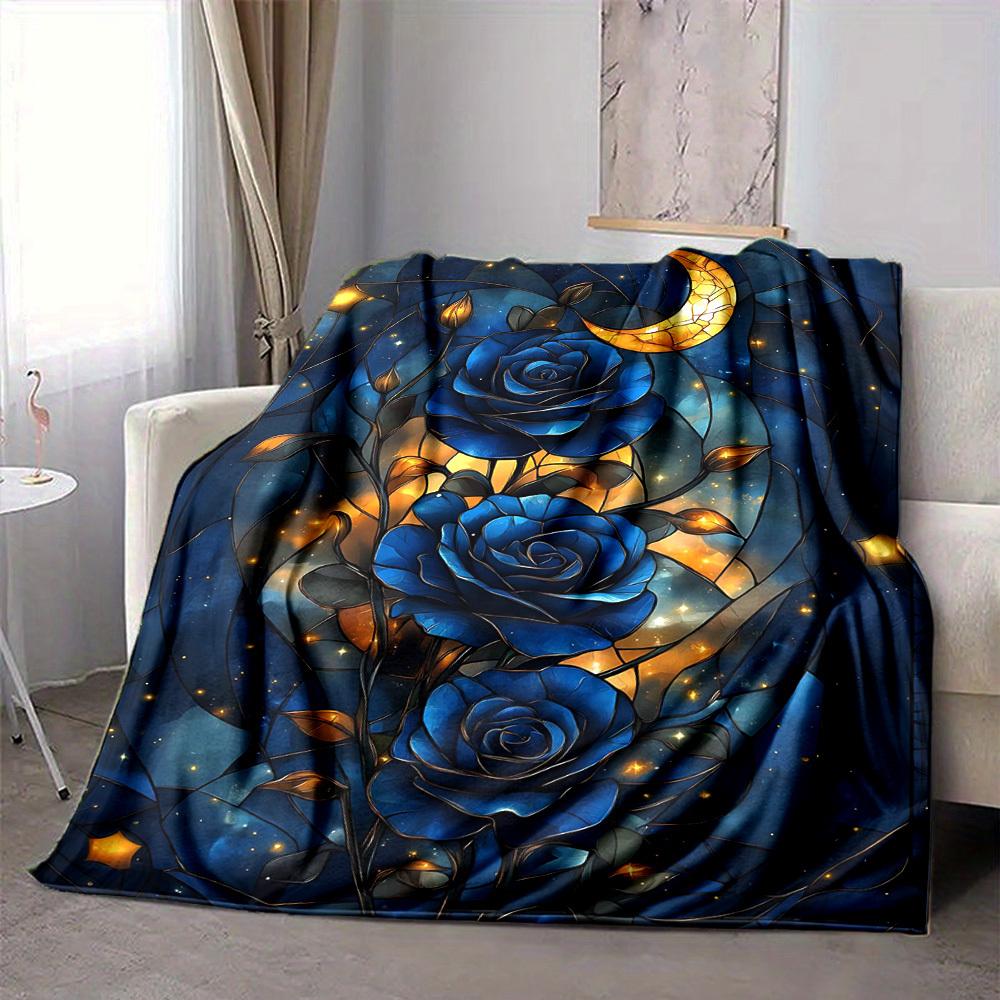 1pc Stained Glass Roses Print Blanket   Lightweight Flannel Throw Blanket For Sofa, Bed, Living Room, Office, Outdoor Travel, Camping
