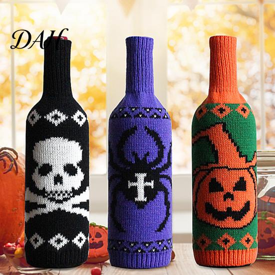 Festive Bar Accessories Halloween Wine Bottle Sweater, Reusable Knitted Champagne Cover, Pumpkin Skull Soft Fabric Wrap Spider Pattern Sleeve