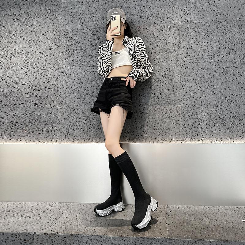 Boots Women's New Black Fly-woven Stockings Stacking Boots Niche Hot Girls But Knee Elastic Boots