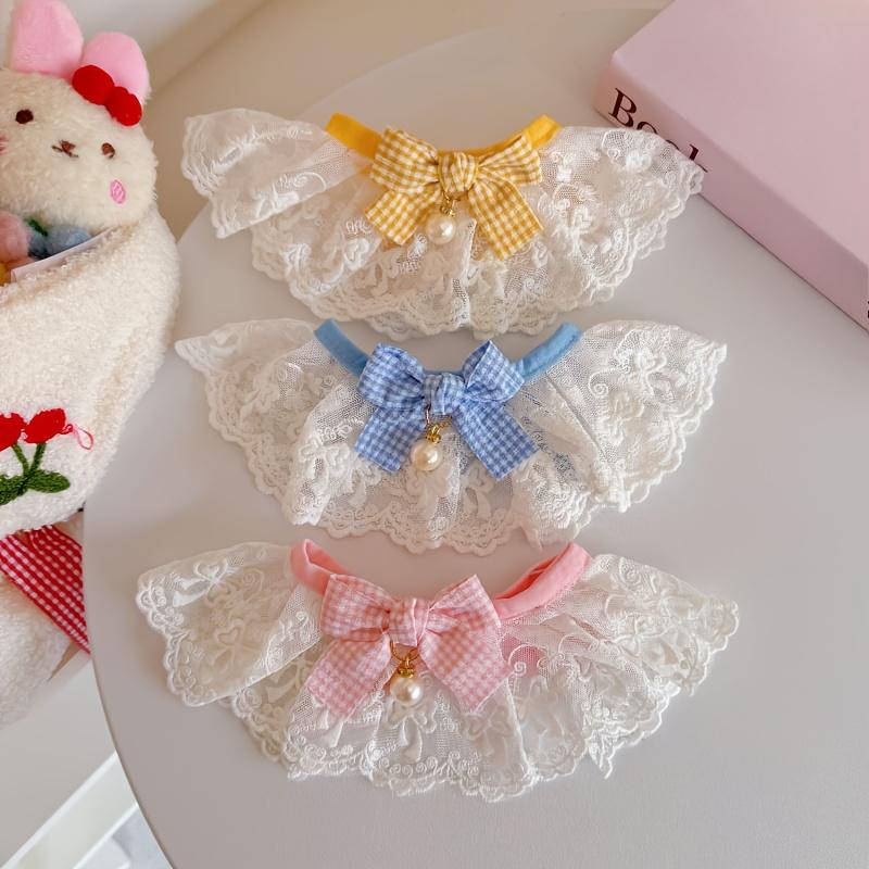 Pearl Bow Lace Pet Scarf, Checkered Adjustable Collar for Cats & Dogs, Party Photo Accessory