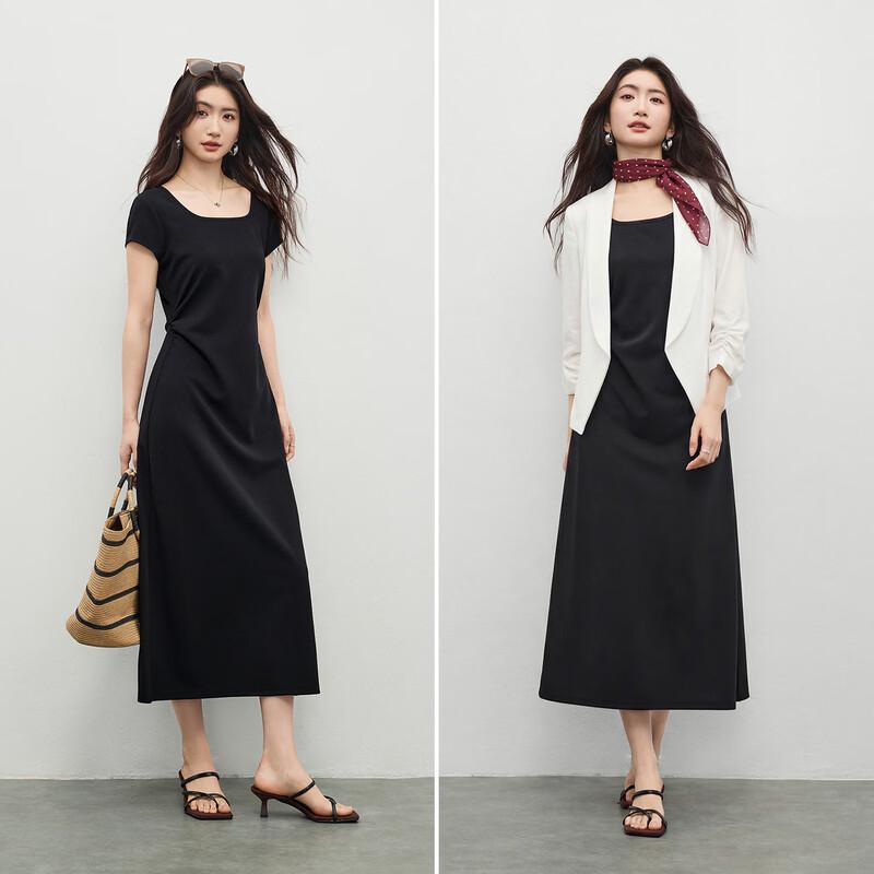 Shangdubi La Women's Elegant Black Square Neck A-line Midi Dress