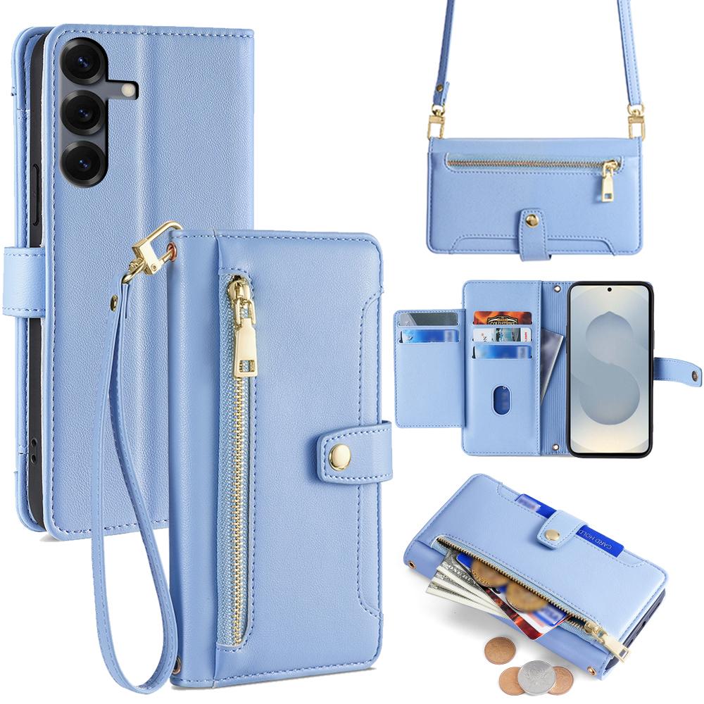 For Samsung Galaxy S25 Leather Case Zipper Pocket Wallet Phone Cover with 2 Straps