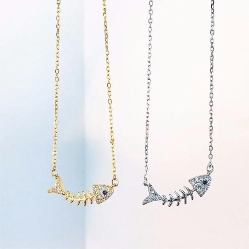 New Fashion Creative Popular 925 Sterling Silver Jewelry Personality Fish Bones Crystal Clavicle Chain Pendant Necklaces XL1431