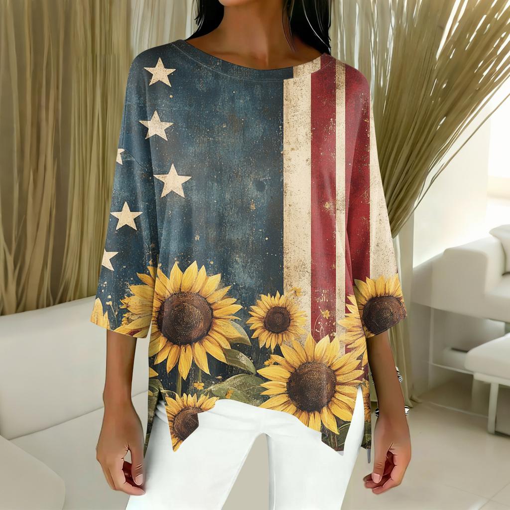 Women's Fashion Independence Day Print Three-Quarter Sleeve Top