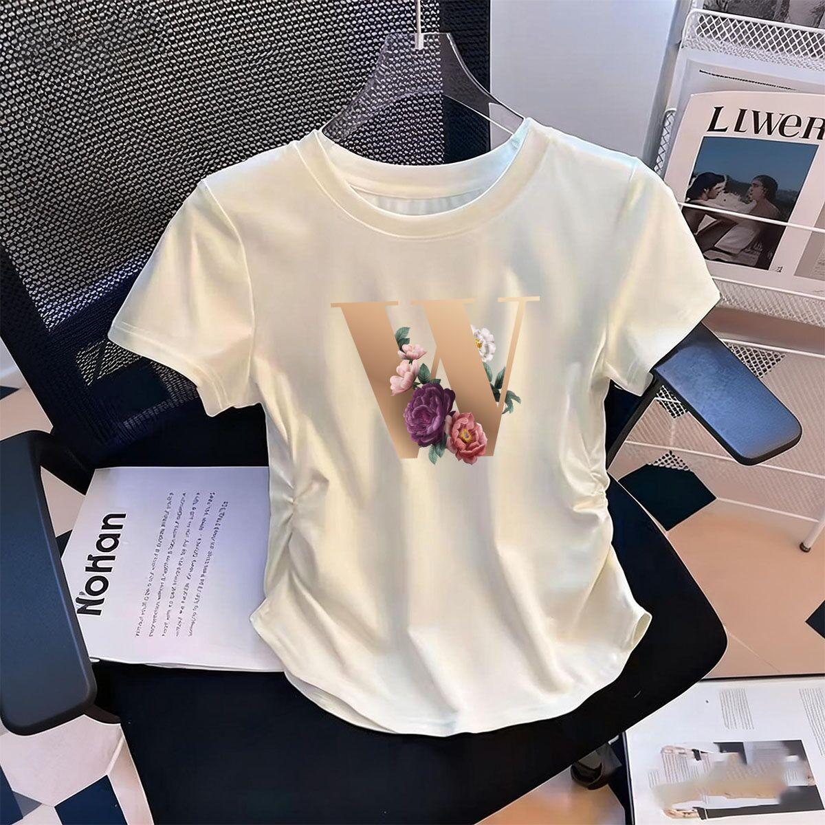 

Womens WaistDefining Elastic T Shirt Floral Letters W printed Short Sleeve Round Neck top tee Graphic tshirts S