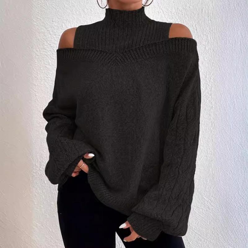 Off-the-shoulder Sweater Female Pullover Autumn and Winter New Loose Semi-high Neck Lantern Sleeve Sweater Female