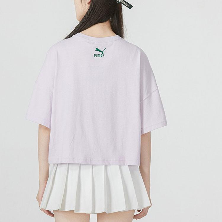 Puma Glamping Ss Crop Tee Ležérní Sportovní Jednobarevné Vyšívané Logo Kulatý Výstřih Krátký Rukáv Tričko Dámské Topy Světle Fialová 536880-17