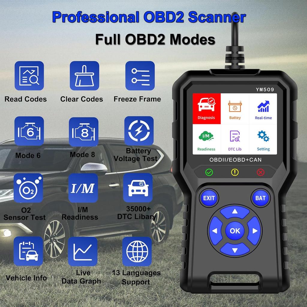 OBD2 Scanner Diagnostic Tool 2.8'' Color Screen OBDII Scanner for Cars, Check Engine Light Fault, Car Battery Tester Code Reader Car Diagnostic Tool