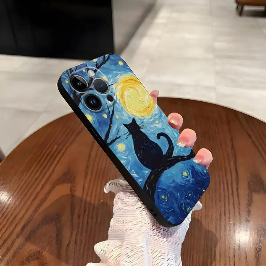 Artistic Starry Sky Cat Phone Case For iPhone 17 16 15 11 12 14 13 Pro Max Mini X XR 7 Plus 16E Shockproof Silicone Cover Fundas
