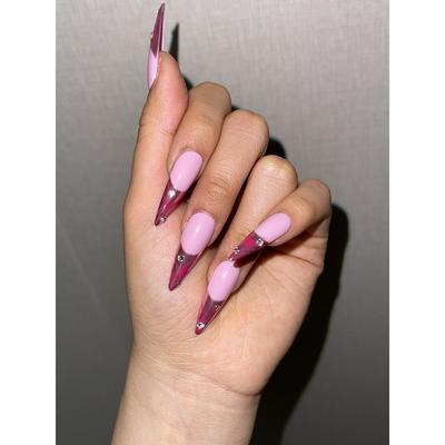 HANDMADE Artificial Nail Pink Flame Almond Phototherapy Nails Fake Nails Reusable and Removable Nails