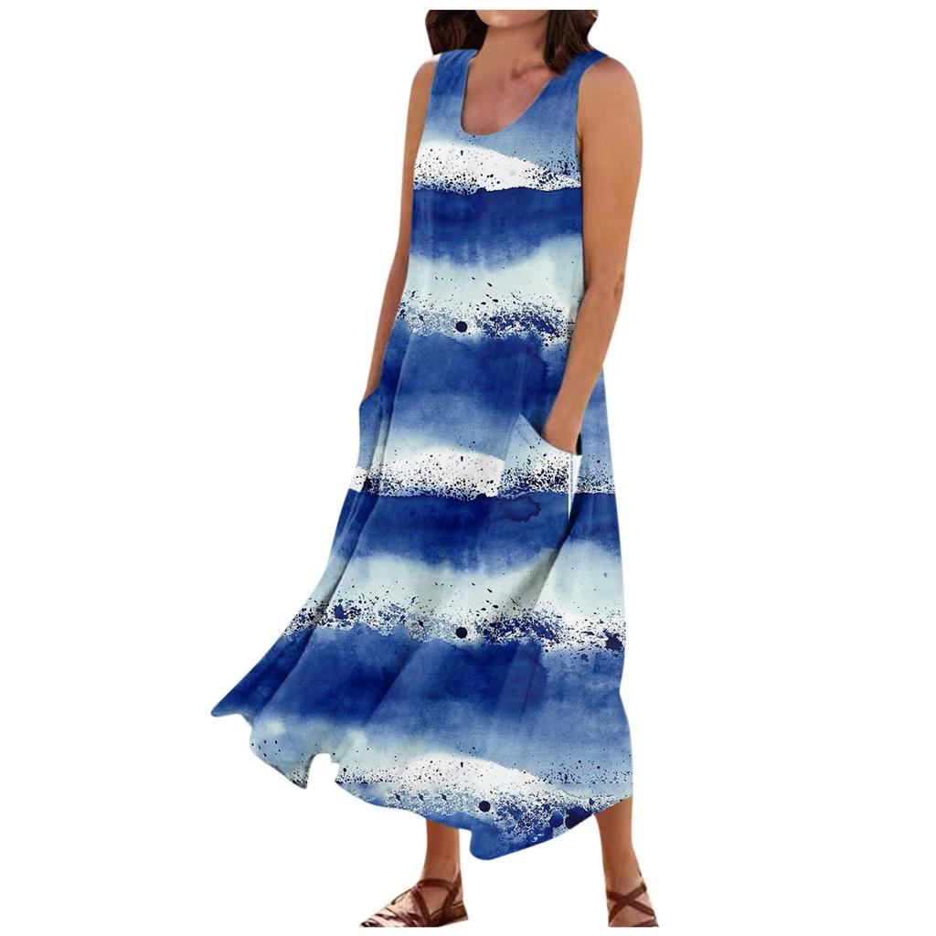 Women's Summer Casual Round Neck Printed Sleeveless Dress With Pockets