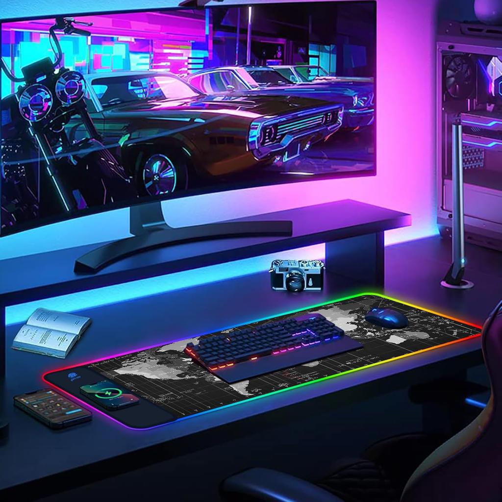 AIMSA Wireless Charging RGB Gaming Mouse Pad 15W, Extended LED Desk Mat Protector 800x300x4MM, 14 Light Modes Extra Large Mousepad Non-Slip Rubber