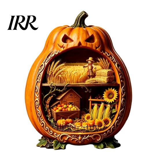 Halloween Cobweb Decorations Centerpiece Pumpkin, Wooden Pumpkin Ornament with Miniature Scenes, Rustic Ornaments Skeleton for Farmhouse Home