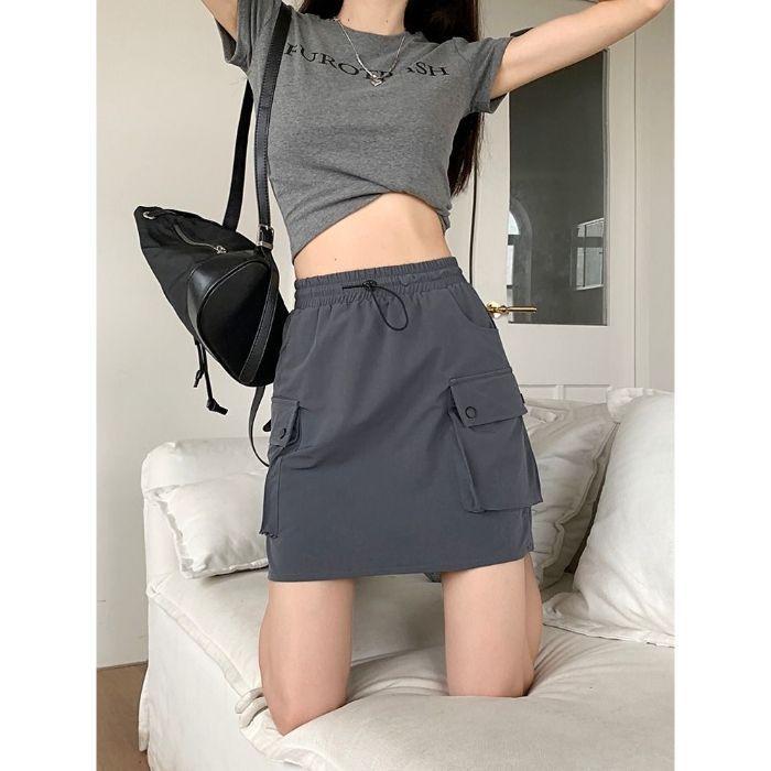 Gray High-Waisted A-Line Wide-Leg Summer Skirt for Women - Petite, Slimming, and Quick-Drying