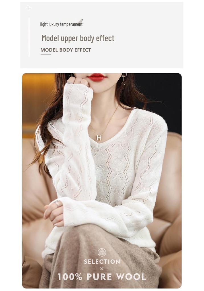 Women's 100% Hollow Wool V-Neck Sweater with Long Sleeves and Loose Collar - Autumn/Winter Style