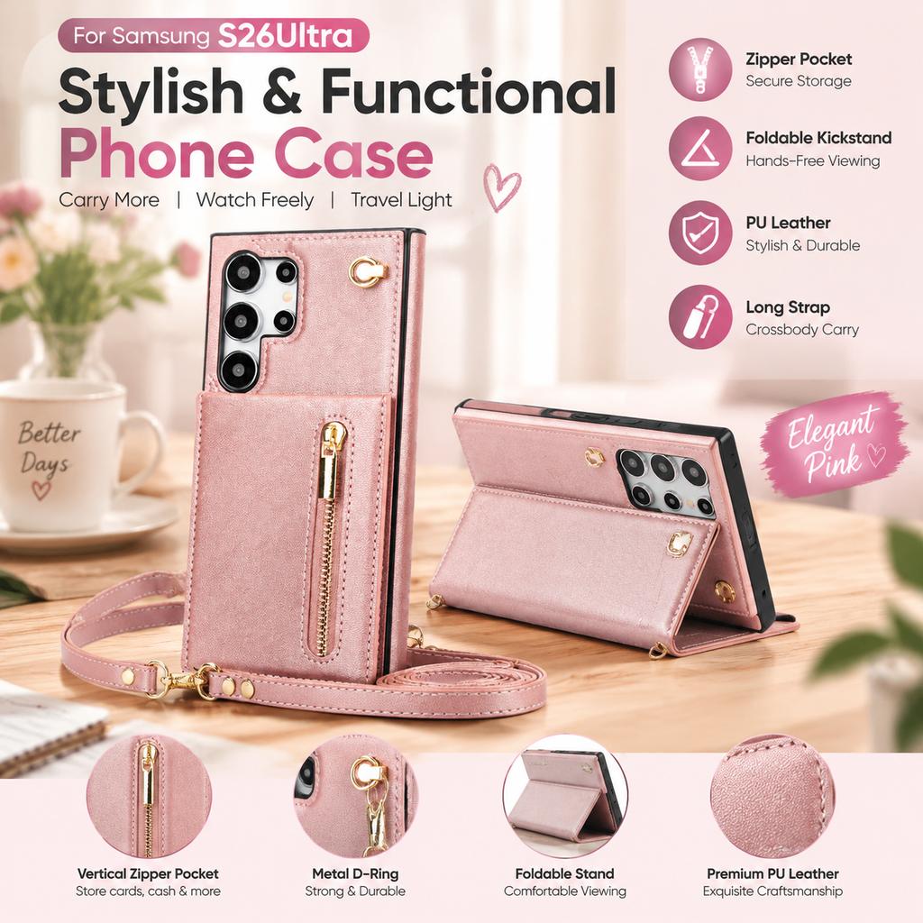 Samsung S26 Series PU Leather Phone Case with Long Strap, Zipper Pocket and Kickstand