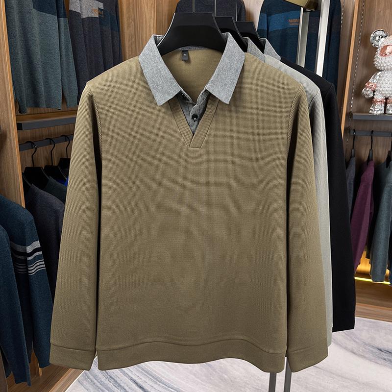 Soft And Comfortable Men'S Fake Two-Piece Autumn Solid Color Simple Quality Long Sleeve T-Shirt Classic Versatile Trend Menswear