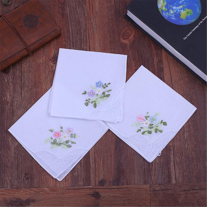 10pcs Soft Cotton Handkerchief Embroidered Flower Women Delicate Handkerchiefs for Daily Use