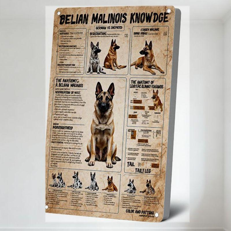

Вінтажна бельгійська малінуа Знання Бляшана табличка, Порівняння порід Німецька вівчарка Нідерландська малінуа, Настінний декор для Бару Пабу Дому Кафе 8 20x30cm（7.8x11.8inch）
