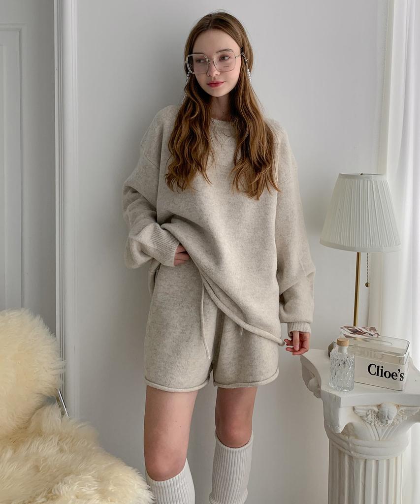 Baseukala [Set] Knit Sweatshirt+Half Pants Set-Up (2 Colors)