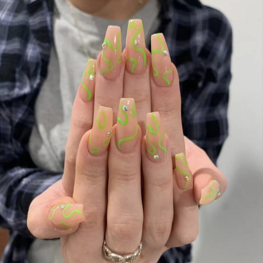 24Pcs Marble Gradient Gold Foil Long Coffin False Nails Full Cover Detachable Press On Nail Tips