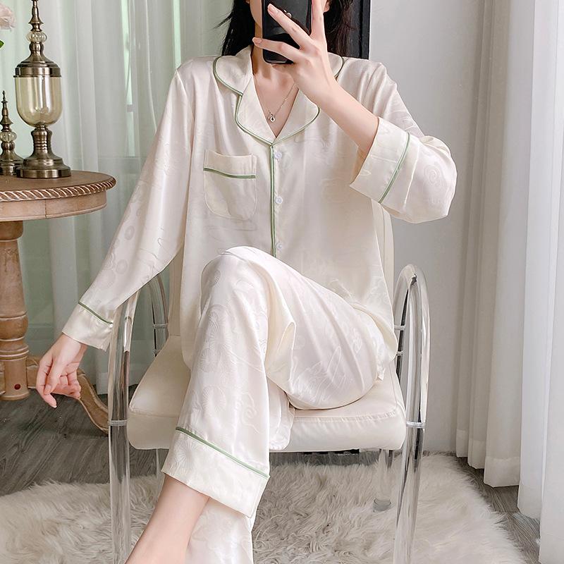New Female Pajamas Two Piece Set Spring Autumnn Long Sleeve Trouser Suits Print Flower Satin Homewear Lingerie Casual Sleepwear