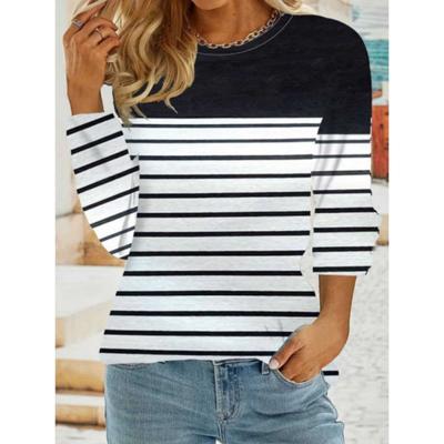 BrandAutunno T-shirt da donna a maniche lunghe girocollo pullover stampato a righe retrò eleganti top larghi larghi