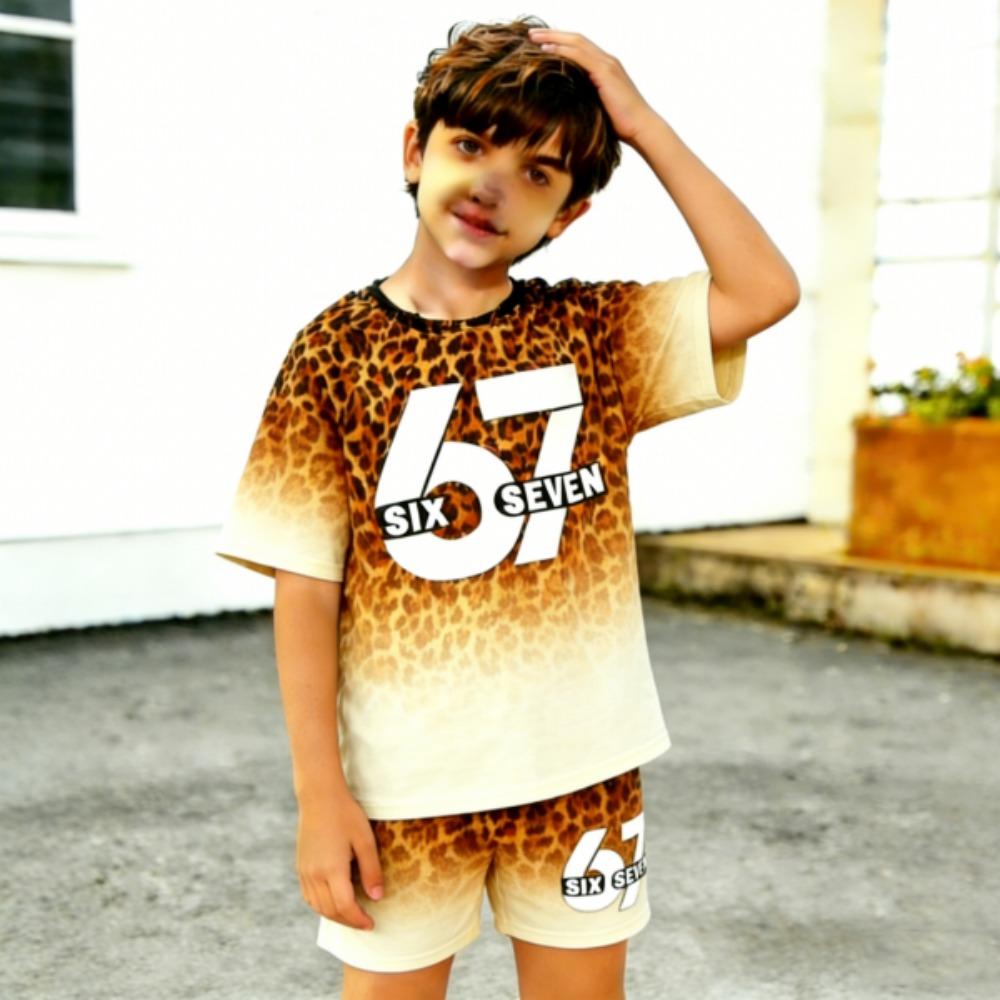 Fashion Leopard 67 Gradient Printed Men's T-shirt and Shorts 2 Piece Set Summer Casual Outfit for Men's and Women's Clothing Top