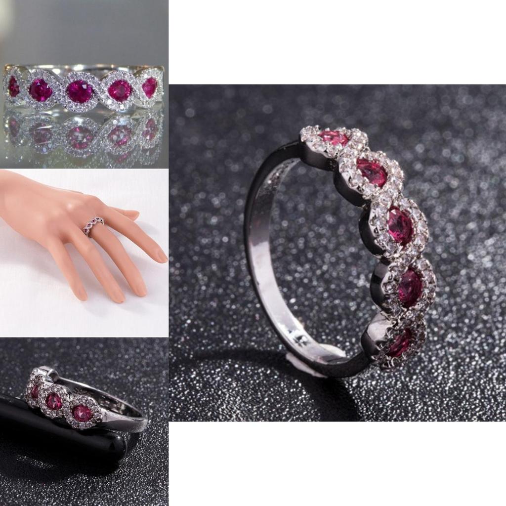 Elegant Ruby Right Hand Ring With Silver Eternal Bridal Wedding Band
