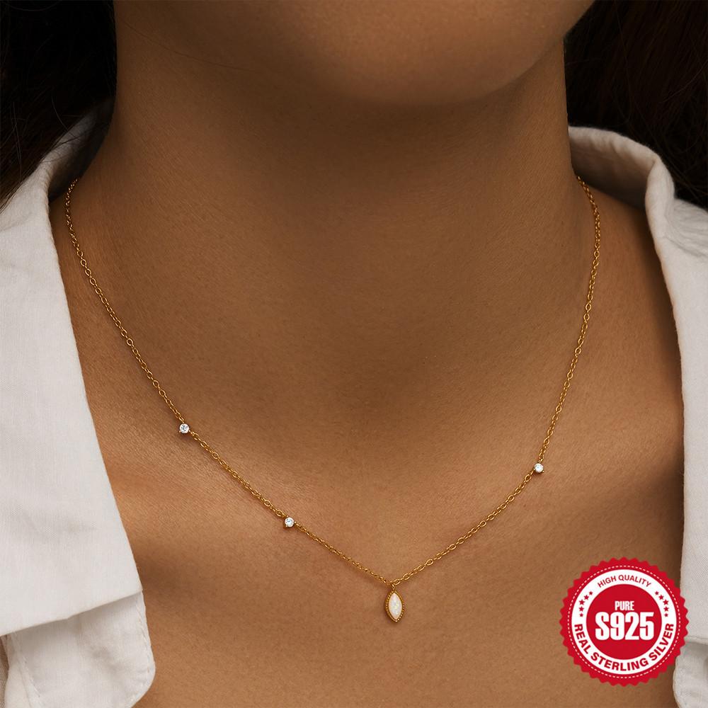 Simple Versatile S925 Sterling Silver Cluster Diamond-Set Opel O Gemstone Pendant, Hipster Ladies Clavicle Necklace