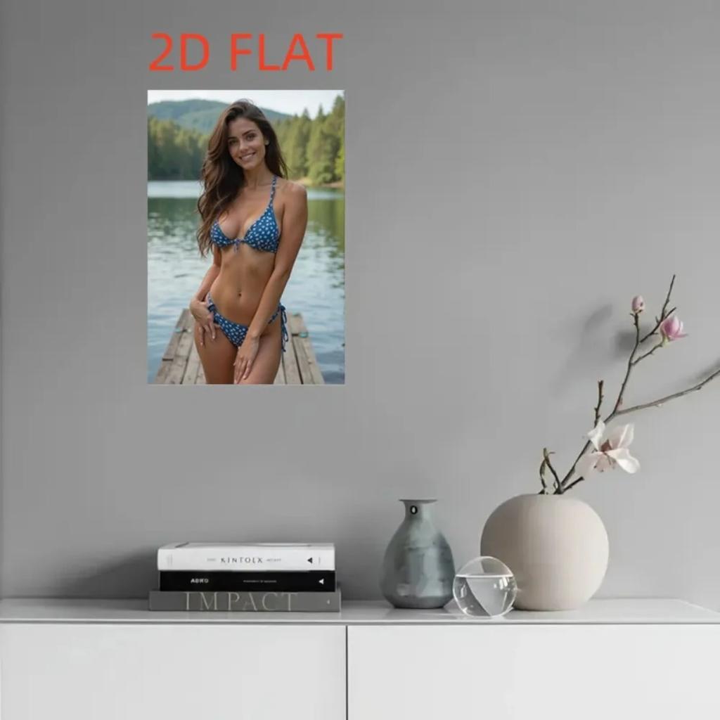 Fashion Lake Bridge Metal Wall Art with Blue Polka Dot Bikini Figure, 12x18 Inch Home Bedroom Decor