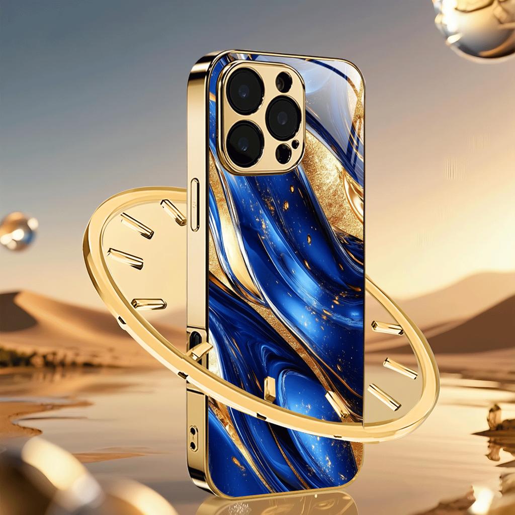 Premium Electroplated Glass Phone Case for iPhone 17 16 15 14 13 12 11 PM Pro Max Plus — Elegant Stylish Blue Gold Color Scheme