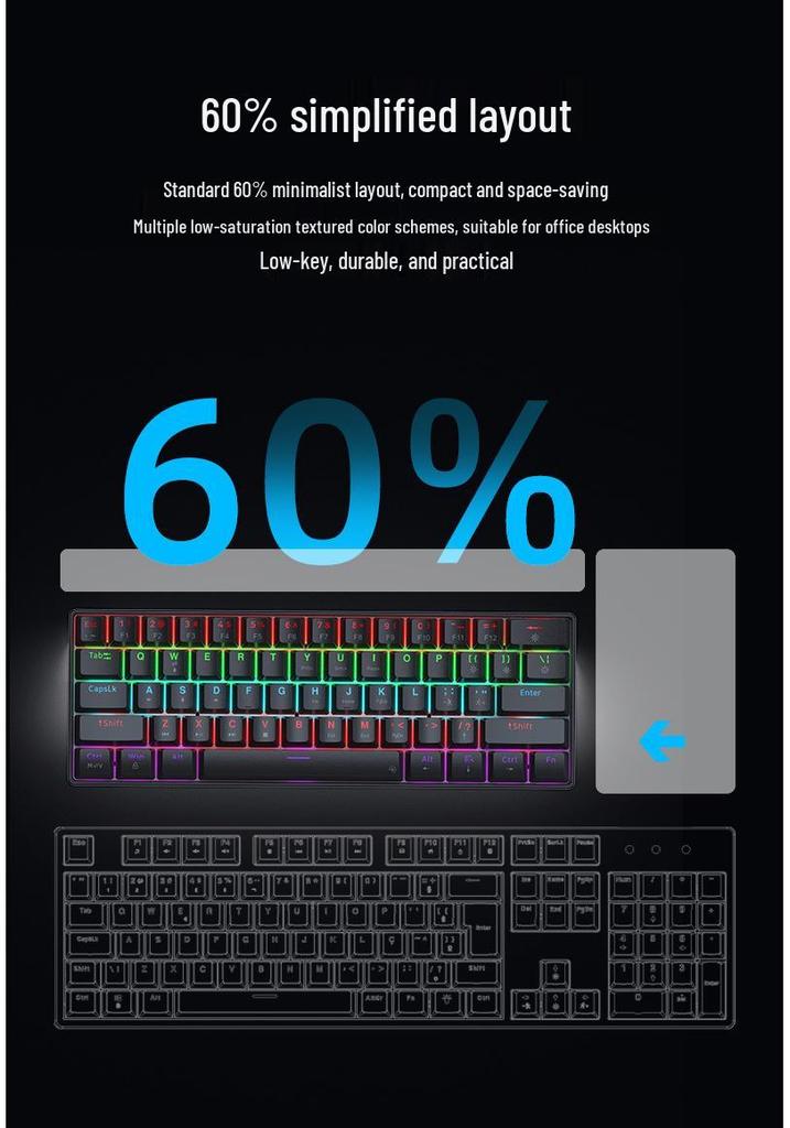 Key Sheng G61 Wired Mechanical Keyboard, 61-Key, Blue Switch, LED Colorful Backlight, Type-C, Gaming.
