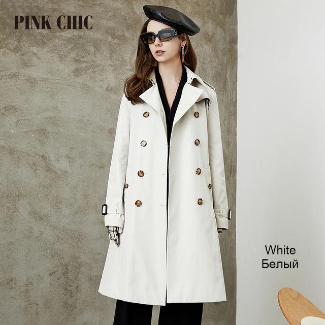 Różowy szykowny nowa wiosna jesień wiatrówka średniej długości kołnierz z klapami kobiety dwurzędowy pas biodrowy płaszcz w stylu retro Grace Trench 667