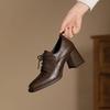 Women's Soft Leather Round Toe Chunky Heel Lace-Up Shoes, British Style, Spring/Autumn 2025