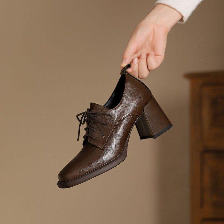 Women's Soft Leather Round Toe Chunky Heel Lace-Up Shoes, British Style, Spring/Autumn 2025